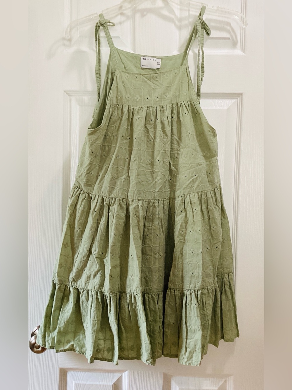 ASOS Light Green Eyelet Tiered Sundress with Tie Straps